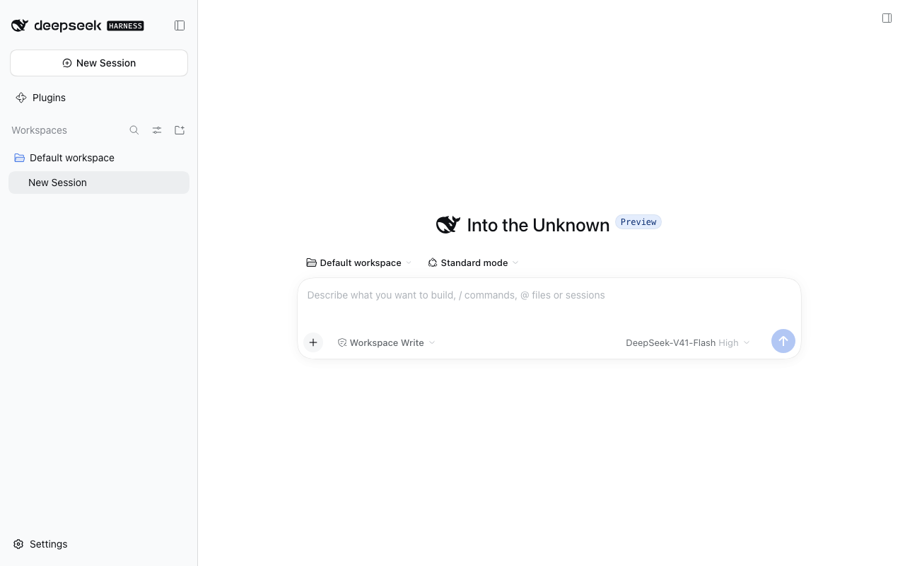 The DeepSeek Harness web chat. A sidebar with New Session, Plugins and workspaces. In the middle, 'Into the Unknown' above a message box that says 'Describe what you want to build', with the model set to DeepSeek-V4.1-Flash.